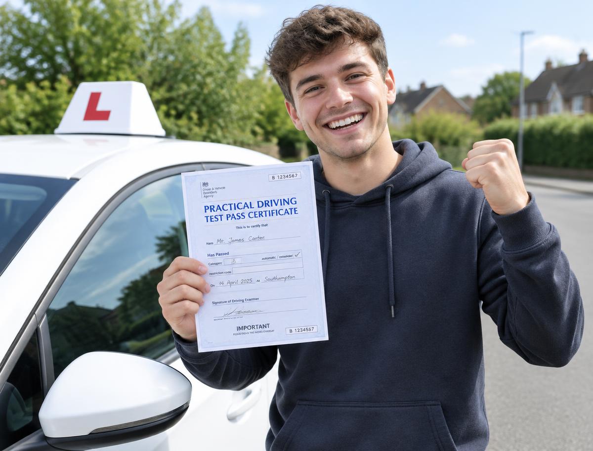 Happy new driver with pass certificate